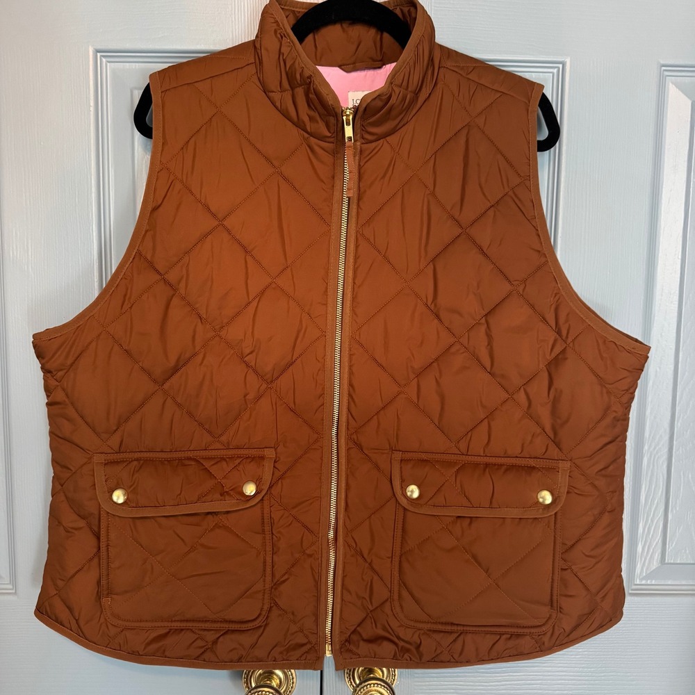 J.Crew Quilted Vest Womens 2X Brown Sleeveless Puffer Pockets Gold Zip EUC